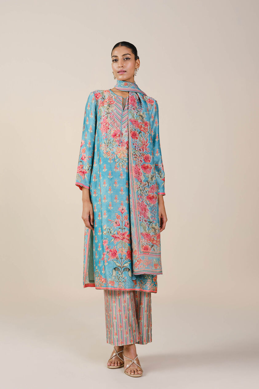 Nyneve Printed Mul Suit Set - Aqua, Aqua, image 1